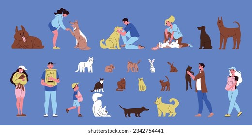 Pet shelter color set of animals volunteers and people with their new friends on blue background flat isolated vector illustration