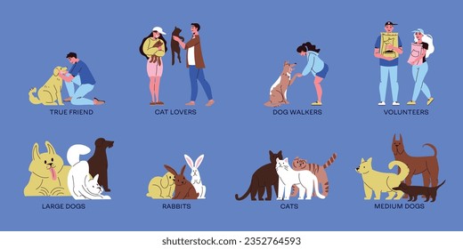 Pet shelter compositions set with cats dogs rabbits volunteers and animal lovers isolated on blue background flat vector illustration