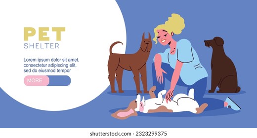 Pet shelter flat horizontal website banner with happy woman playing with dogs vector illustration