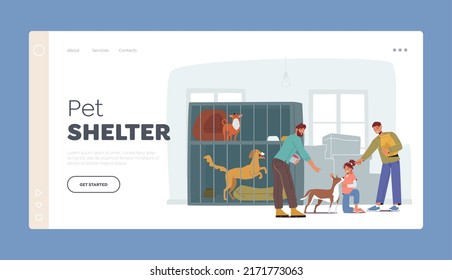 Pet Shelter Landing Page Template. Dad with Kids Visit Adoption Center for Stray and Homeless Animals. Smiling Young Man with Children Adopting Pet from Shelter. Cartoon Vector Illustration