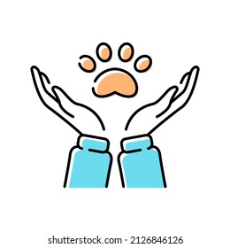 Pet shelter, pet shop, veterinary line icon, human hands holding animal paw, vector illustration