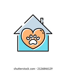 Pet Shelter, Pet Shop, Veterinary Line Icon, House And Paw In Heart Shape, Vector Illustration