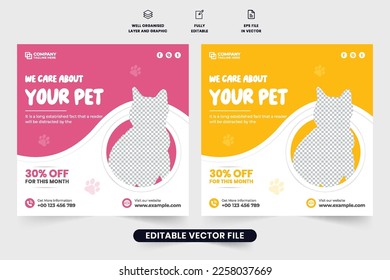 Refugio de mascotas, portador de medios sociales con colores amarillo y rosa. Vector de banner de publicidad en el centro de adopción y captación de animales. Diseño de afiches promocionales de Petcare con formas geométricas.