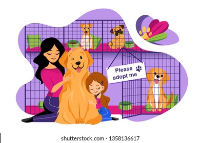 Pet shelter vector flat illustration. Adoption of homeless animals concept. Mom and daughter adopt cute dog from shelter.