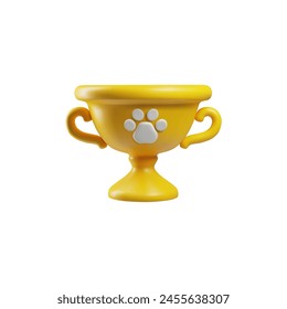 Tienda de mascotas 3D. Copa de la victoria de oro con una huella de pata de animal como recompensa de la competencia. Ilustración vectorial de accesorios para mascotas sobre fondo aislado. Productos para tus mascotas.