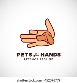 Pet Shop Abstract Vector Emblem or Logo Template. Line Style Palm with a Dog Face Silhouette. Isolated.