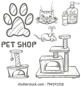 Pet shop. Accessories for cats. Set of outline vector illustrations isolated on white background for advertising banners, flyers, posters and other items.