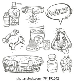 Pet shop. Accessories for dogs. Set of outline vector illustrations isolated on white background for advertising banners, flyers, posters and other items.