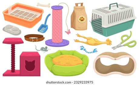 Pet shop accessories. Pets care supplies and toys for domestic animals, cartoon stuff cat and dog equipment items, collar bed food cage puppy kennel, set decent vector illustration of pet care shop