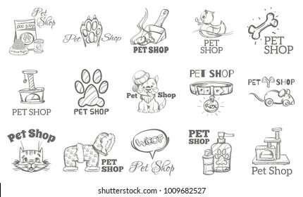 Pet shop. Accessories for pets. Set of vector outline illustrations isolated on white background for advertising banners, flyers, posters and other items.