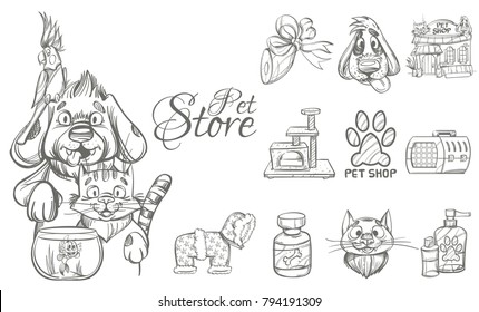 Pet shop. Accessories for pets. Set of vector outline illustrations isolated on white background for advertising banners, flyers, posters and other items.