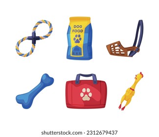 Pet Shop Accessory with Food Pack, Bone, Toy and Muzzle Vector Set