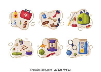 Pet Shop Accessory with Food, Toy and Grooming Tool Vector Composition Set