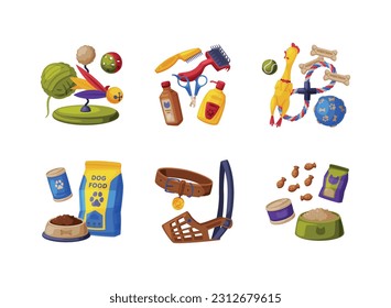 Pet Shop Accessory with Food, Toy and Grooming Tool Vector Composition Set