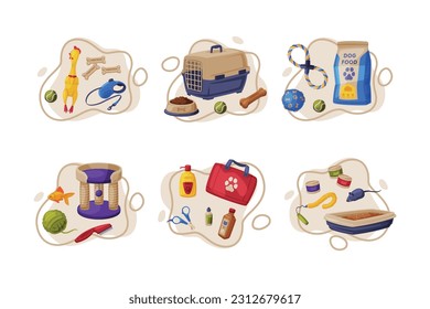 Pet Shop Accessory with Food, Toy and Grooming Tool Vector Composition Set
