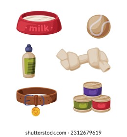 Pet Shop Accessory with Milk Bowl, Collar, Can, Bone, Ball and Shampoo Vector Set