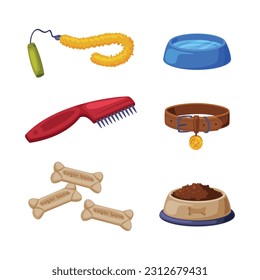 Pet Shop Accessory with Toy, Comb, Bone, Feed Bowl and Collar Vector Set