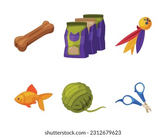 Pet Shop Accessory with Toy, Food Pack, Yarn Ball and Grooming Scissors Vector Set