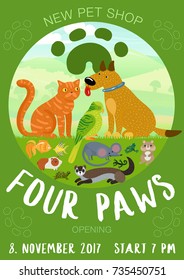 Pet shop advertising poster with paw prints, cat and dog, fishes, rodents on green background vector illustration