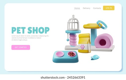 Pet shop advertising web banner cute vector 3D style. Dog, cat toys and accessories. Cartoon realistic pet care supplies, nutrition and entertainment zoo store. Veterinary products