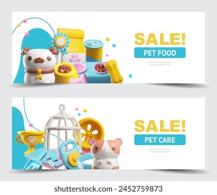 Pet shop advertising web banner cute 3D style vector set. Pet care accessories and food cartoon realistic Sale design. Feed supplies for dog, cat, hamster. Cage, leash, tray, collar stuff