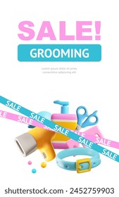 Pet shop advertising web banner cute 3D style vector illustration. Grooming accessories sale poster, pet care shop products. Cartoon veterinary supplies - shampoo, comb, hair dryer, scissors, collar