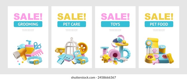 Pet shop advertising web banner cute 3D style vector illustrations set. Sale pet toys entertainment, grooming accessories, care supplies and food cartoon realistic posters design