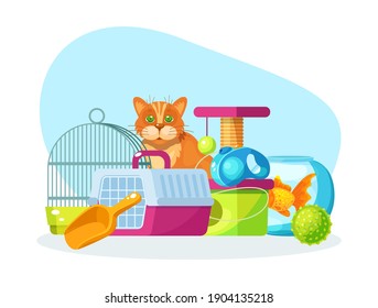 Pet shop. Animal food, accessories and toys domestic store. Pet shop supplies and accessories: aquarium, fish, parrot cage, carrier for cats, leash-collar, house for rodents, ball cartoon vector