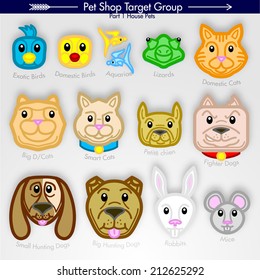 Pet Shop Animal Icon Characters. Birds, Fish, Lizard, Cats, Dogs, Rabbits, Mice