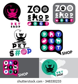 Pet shop animal logo sign template. Zoo pet shop sign. Cat, rabbit, poodle logo. Cat in meditation in a text bubble template. Rabbit, poodle, animal world, brand symbol, a pet icon. Zoo Company logo