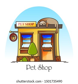 Pet shop or animal store. Building facade with lying cat and bone for dog as windows. Front view on structure for vet or zoo shop. Animal house or care, grooming or food. Architecture and retail theme