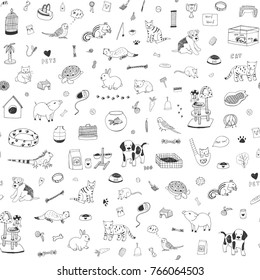 Pet shop animals cute cartoon line doodle vector seamless pattern