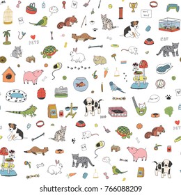 Pet shop animals cute cartoon doodle vector seamless pattern