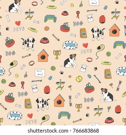 Pet shop animals cute cartoon doodle vector seamless pattern