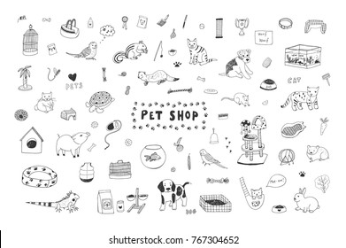 Pet shop animals cute cartoon doodle vector illustrations set