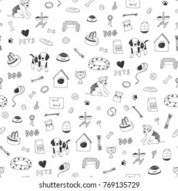 Pet shop animals dogs cute cartoon doodle vector seamless pattern