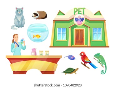 Pet shop animals and girl at check-out counter. Domestic animals and female worker of pet shop. Adorable cute pets isolated vector illustrations set.