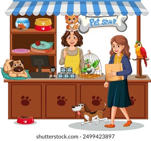 Pet shop with animals and happy customers