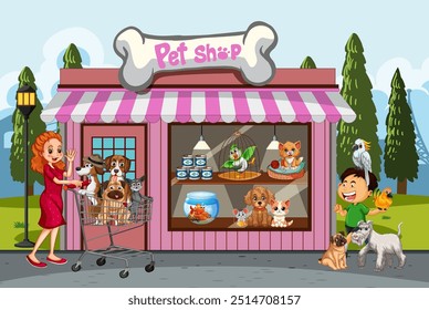 Pet shop with animals and happy customers