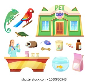 Pet shop animals and products to care of them. Food and toys for pets. Girl at check-out counter of pet shop. Exotic animals vector illustrations.