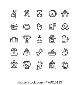 Pet shop, animals thin line vector icons, outline vet symbols. Fish and cat, parrot and hamster illustration