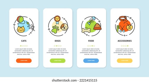 Pet Shop App Screens Cards Set Include of Cats and Dogs Equipment, Accessories, Food. Vector illustration