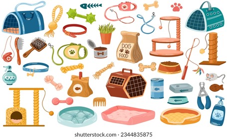 Pet shop assortment, animal accessories. Set of store supply items for domestic pets, beds, animal food, toys, transportation, rat cage, collars and feed. Vector hand draw illustration.