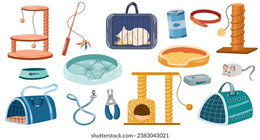 Pet shop assortment, animal accessories. Set of store supply items for domestic cats, beds, animal food, toys, transportation, collars and feed. Vector hand draw illustration.