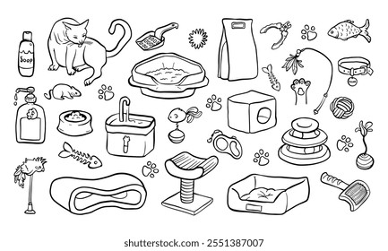 Pet shop assortment, animal accessories free hand illustrations. Trendy doodle Set of supply items for domestic cats, beds, food, toys, transportation, collars and feed. Sketch style crooked vector.