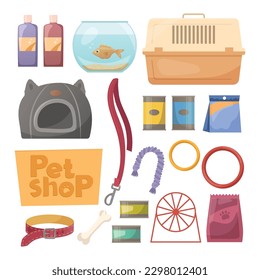 Pet shop assortment, animals accessories, vector illustration. Set of store supply items for domestic pets: cats, dogs, rodent. Isolated stickers, graphic label element for animal shop. Feed, toys.