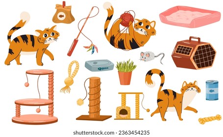 Pet shop assortment, cats accessories. Set of store supply items for domestic pets, beds, animal food, toys, transportation and feed. Vector hand draw illustration.