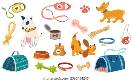 Variedad de tiendas de mascotas, accesorios para perros. Conjunto de artículos de almacenamiento para mascotas domésticas, camas, comida animal, juguetes, transporte, collares y piensos. Perros de diferentes razas. Ilustración de dibujo con la mano del vector.