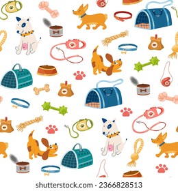 Pet shop assortment, dogs accessories seamless pattern. Dogs of different breeds. Items for domestic pets, beds, animal food, toys, transportation, collars and feed. Vector illustration.