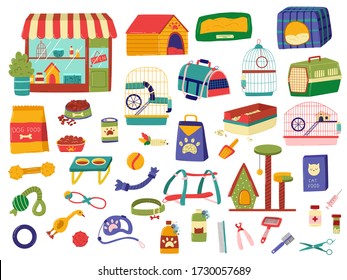 Pet shop assortment, products for animals, set of hand drawn items isolated on white, vector illustration. Store supply and accessories for pets, cats and dogs. Stickers for animal shop, colorful icon